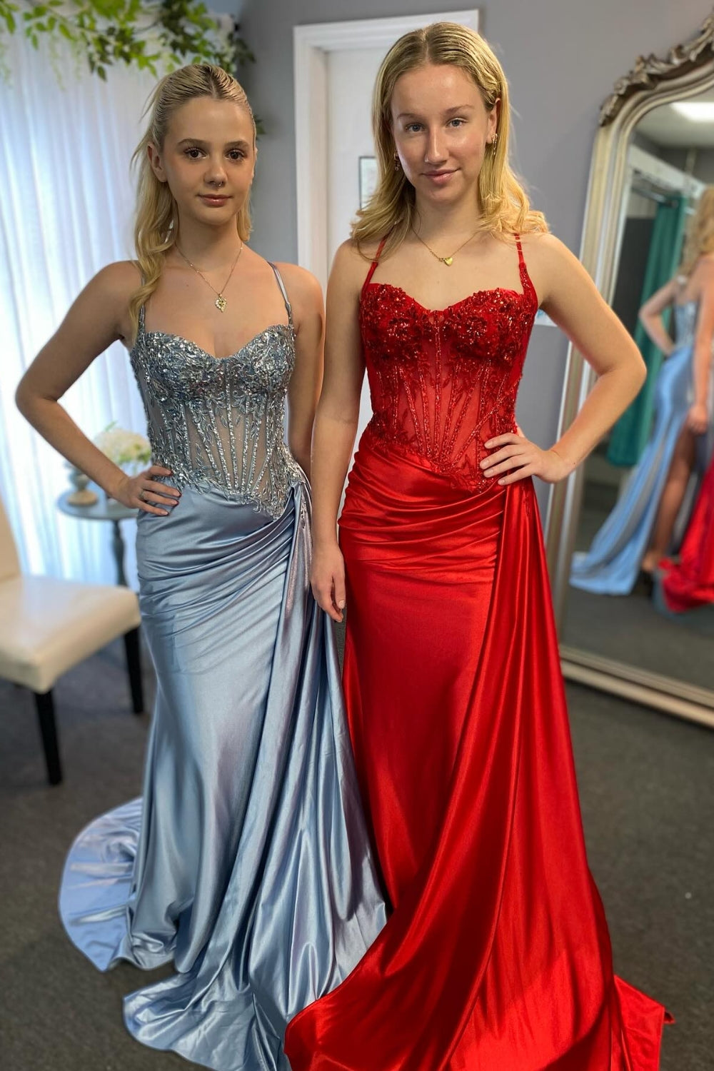 Spaghetti Straps Sweetheart Lace Appliqué Rhinestone Corset Ruching Satin Mermaid Prom Dress Lace-Up Back Side Slit Sweep Train
