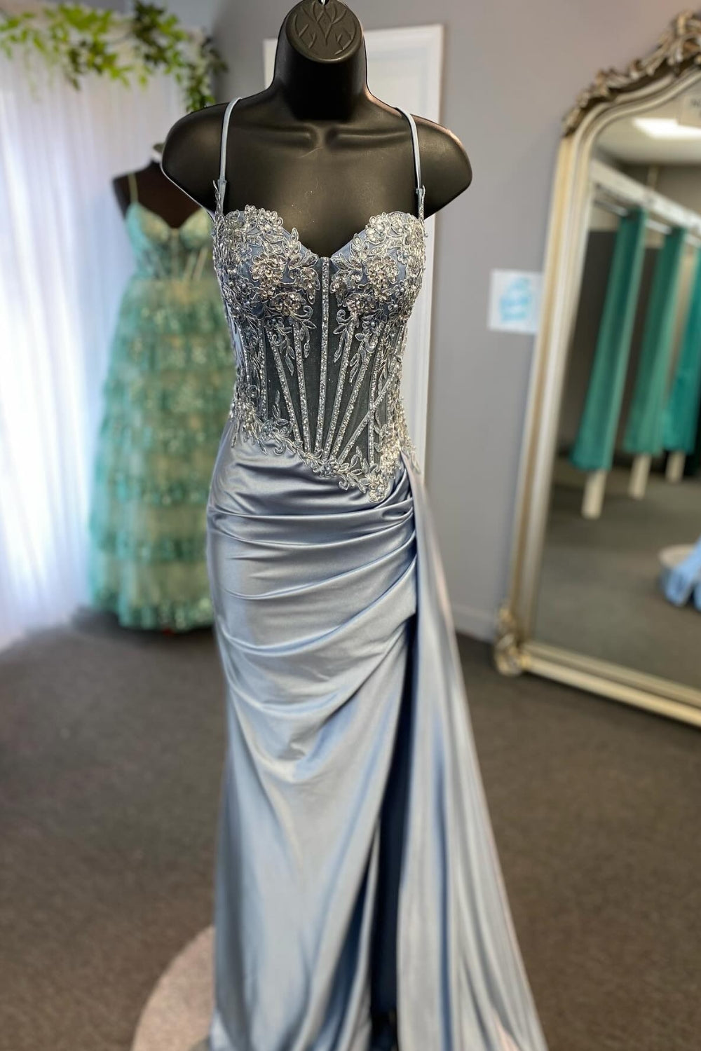 Spaghetti Straps Sweetheart Lace Appliqué Rhinestone Corset Ruching Satin Mermaid Prom Dress Lace-Up Back Side Slit Sweep Train