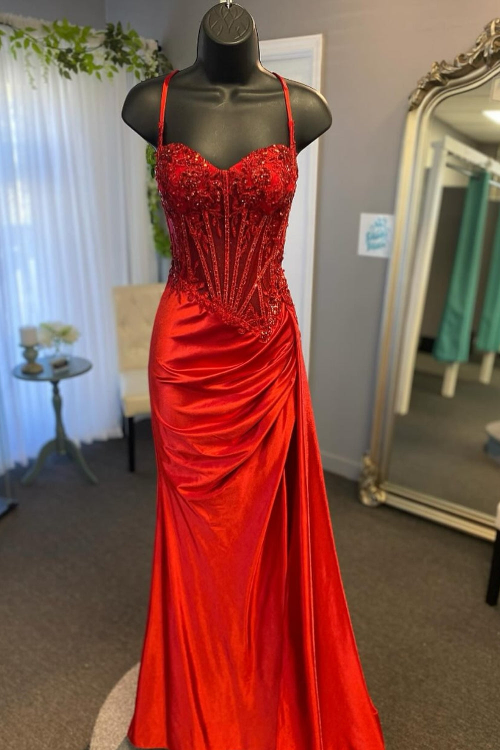 Spaghetti Straps Sweetheart Lace Appliqué Rhinestone Corset Ruching Satin Mermaid Prom Dress Lace-Up Back Side Slit Sweep Train