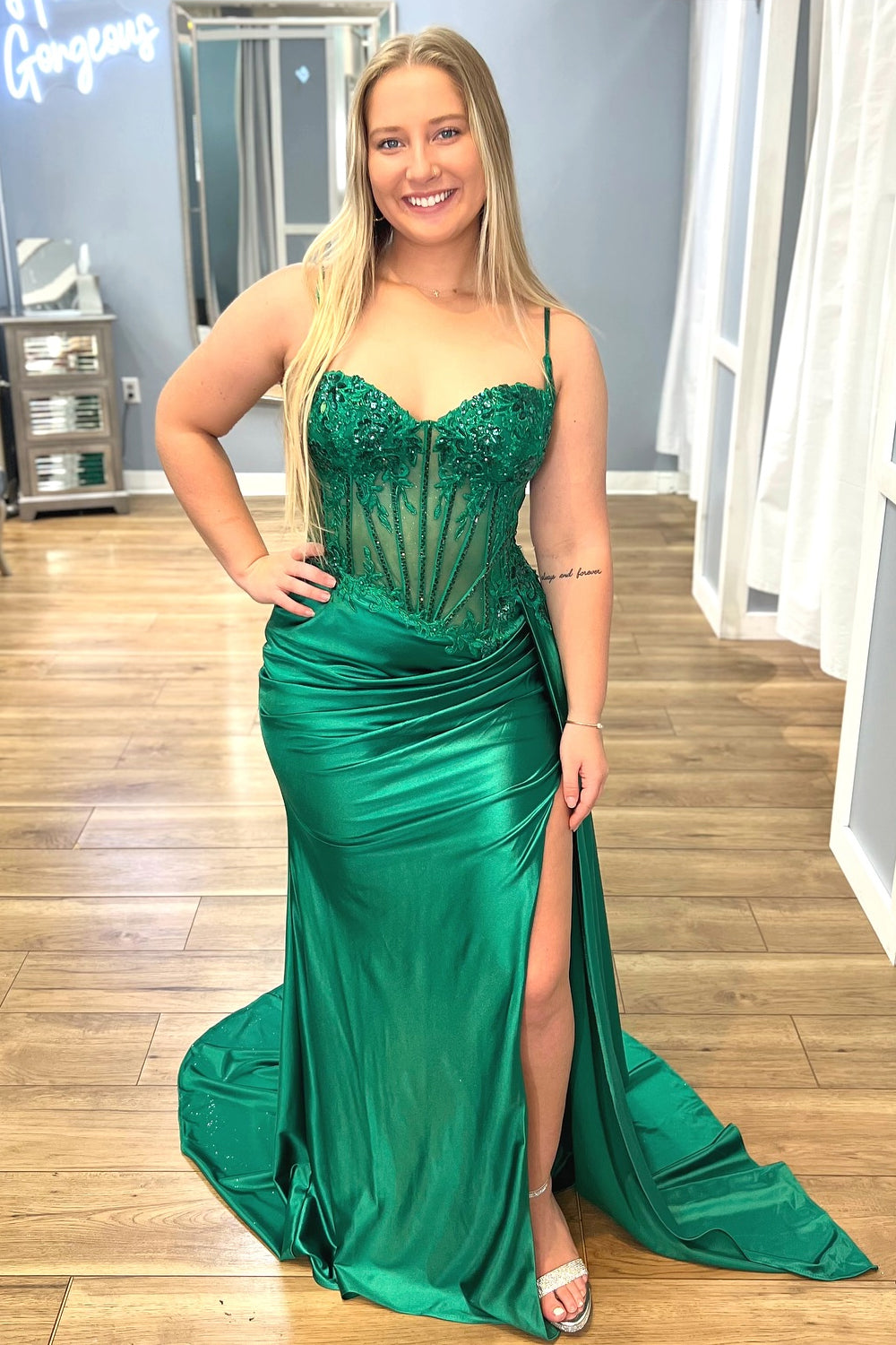 Spaghetti Straps Sweetheart Lace Appliqué Rhinestone Corset Ruching Satin Mermaid Prom Dress Lace-Up Back Side Slit Sweep Train