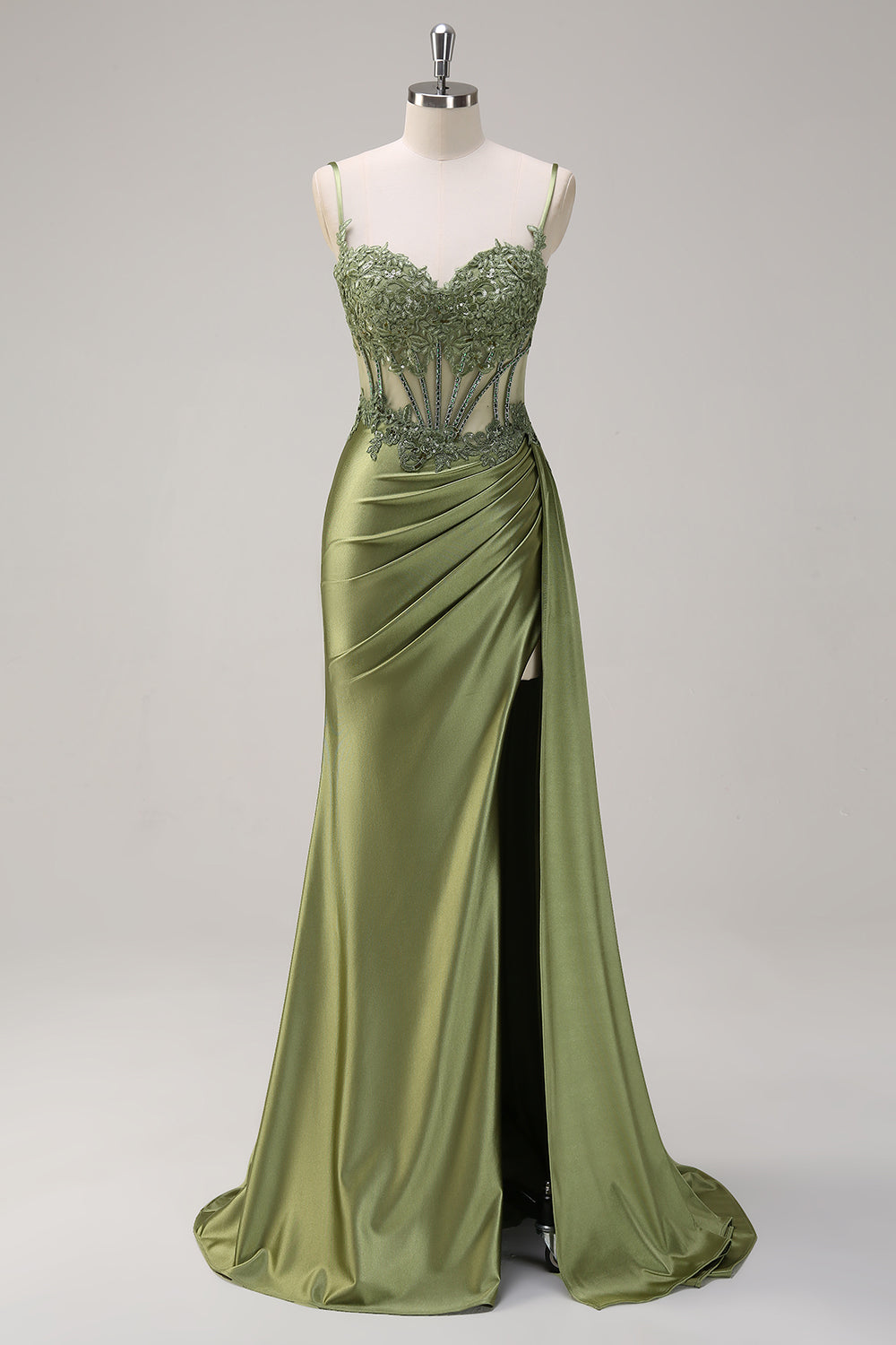 Spaghetti Straps Sweetheart Lace Appliqué Rhinestone Corset Ruching Satin Mermaid Prom Dress Lace-Up Back Side Slit Sweep Train