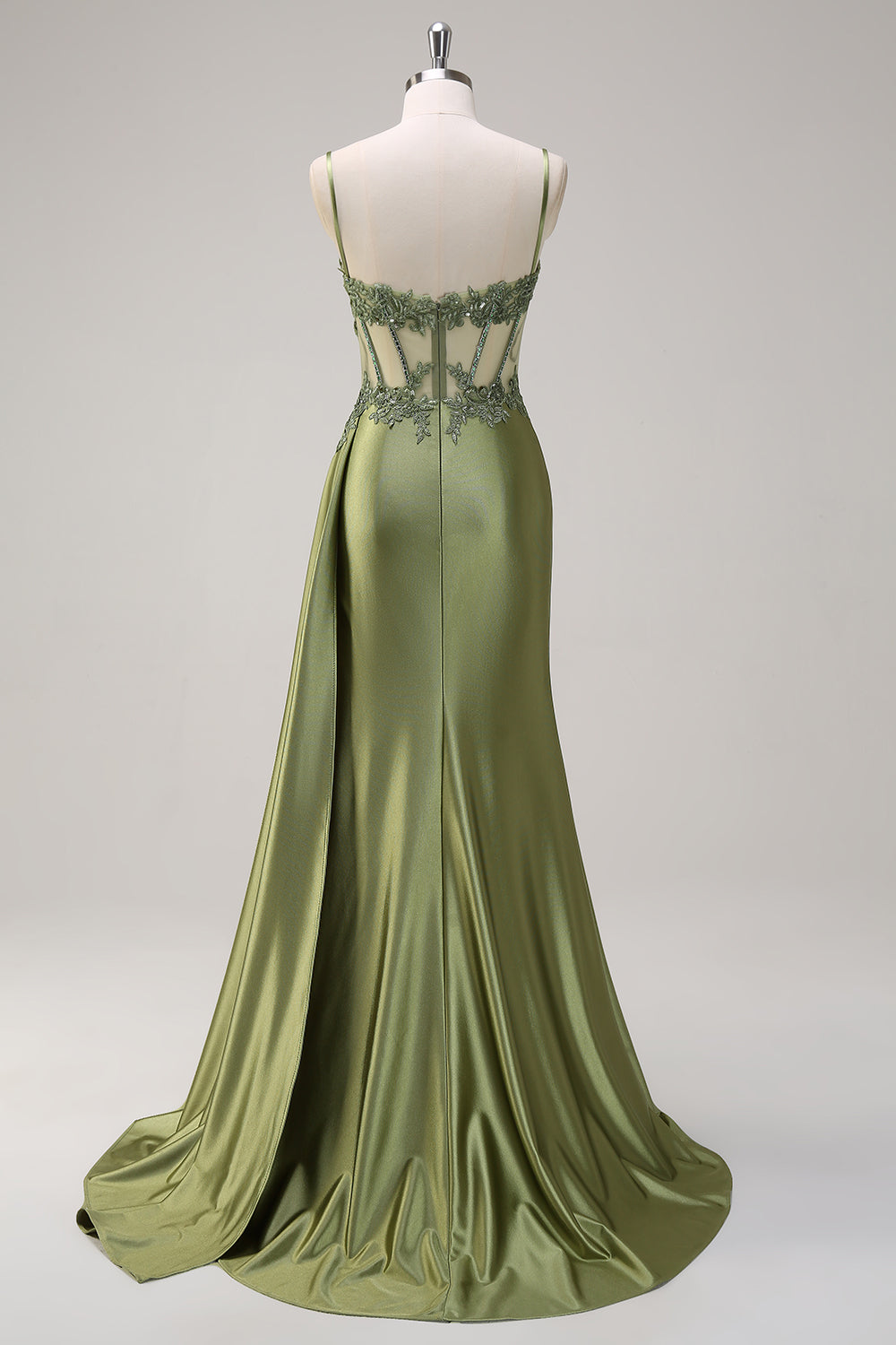 Spaghetti Straps Sweetheart Lace Appliqué Rhinestone Corset Ruching Satin Mermaid Prom Dress Lace-Up Back Side Slit Sweep Train
