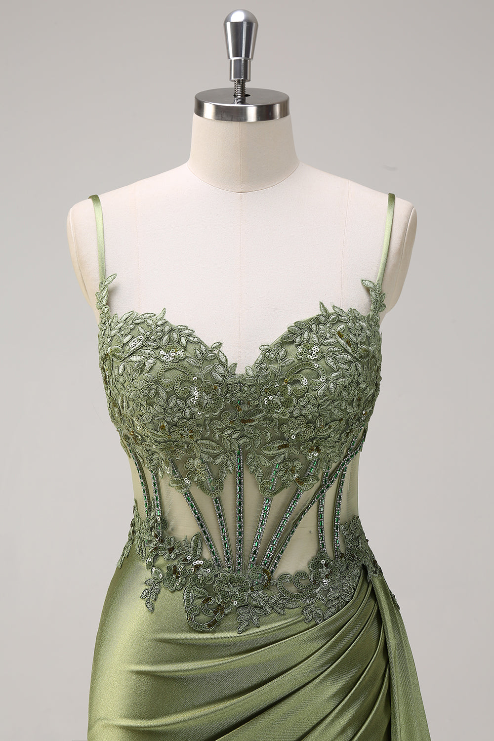 Spaghetti Straps Sweetheart Lace Appliqué Rhinestone Corset Ruching Satin Mermaid Prom Dress Lace-Up Back Side Slit Sweep Train