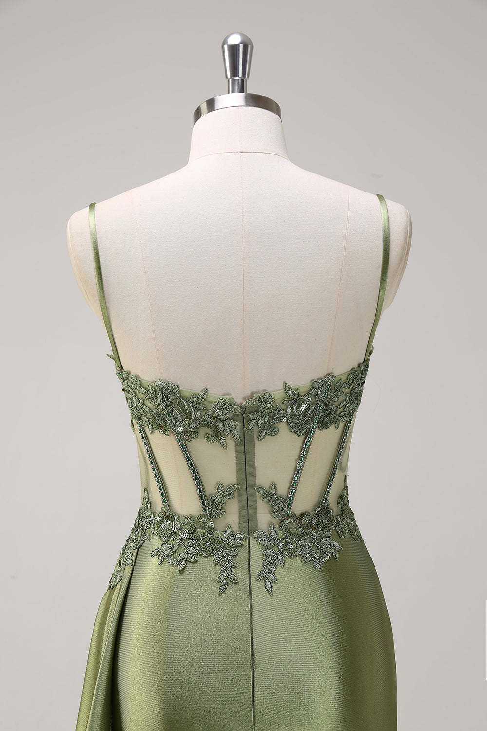 Spaghetti Straps Sweetheart Lace Appliqué Rhinestone Corset Ruching Satin Mermaid Prom Dress Lace-Up Back Side Slit Sweep Train