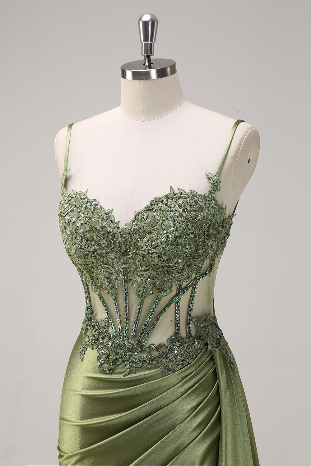 Spaghetti Straps Sweetheart Lace Appliqué Rhinestone Corset Ruching Satin Mermaid Prom Dress Lace-Up Back Side Slit Sweep Train