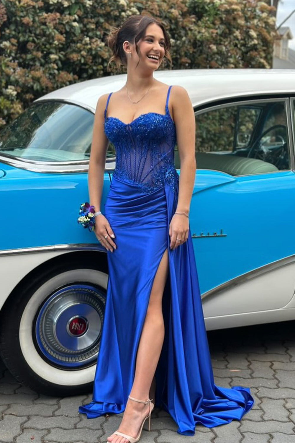 Spaghetti Straps Sweetheart Lace Appliqué Rhinestone Corset Ruching Satin Mermaid Prom Dress Lace-Up Back Side Slit Sweep Train