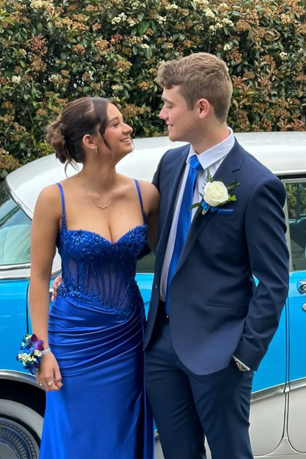 Spaghetti Straps Sweetheart Lace Appliqué Rhinestone Corset Ruching Satin Mermaid Prom Dress Lace-Up Back Side Slit Sweep Train