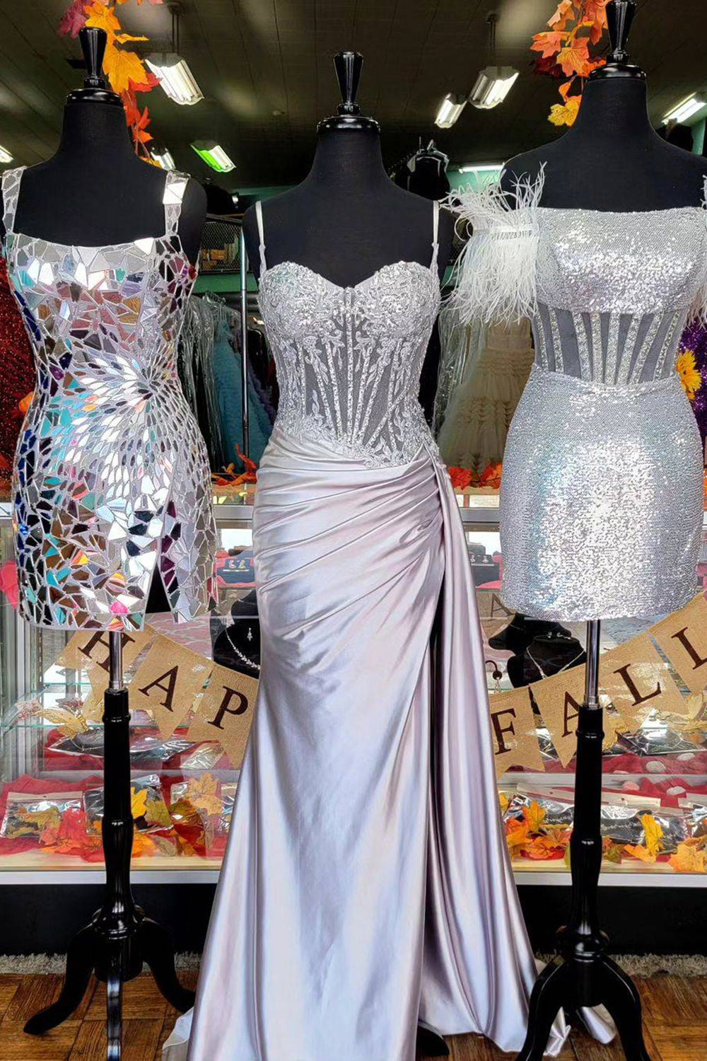 Spaghetti Straps Sweetheart Lace Appliqué Rhinestone Corset Ruching Satin Mermaid Prom Dress Lace-Up Back Side Slit Sweep Train