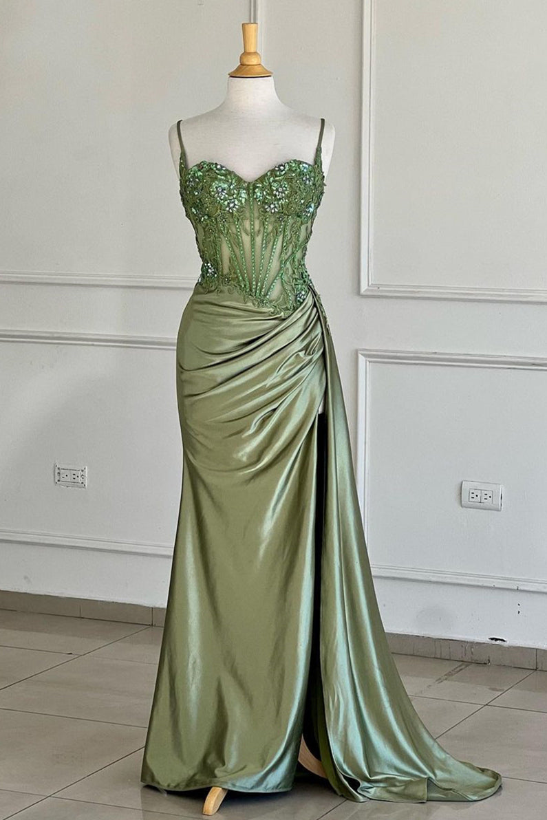 Spaghetti Straps Sweetheart Lace Appliqué Rhinestone Corset Ruching Satin Mermaid Prom Dress Lace-Up Back Side Slit Sweep Train