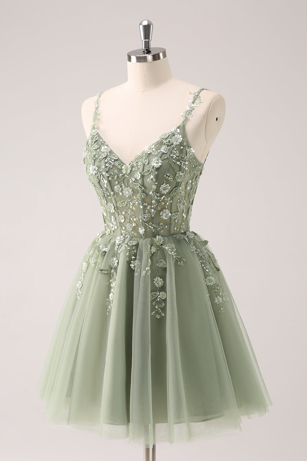 Spaghetti Straps V-Neck Floral Lace Appliques Sequin Illusion Boned Corset Tulle Lace-Up Back A-Line Homecoming Dress Mini