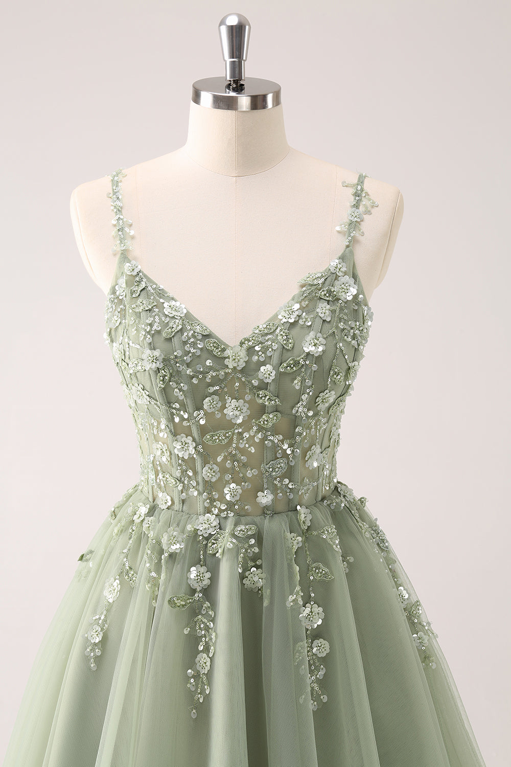 Spaghetti Straps V-Neck Floral Lace Appliques Sequin Illusion Boned Corset Tulle Lace-Up Back A-Line Homecoming Dress Mini