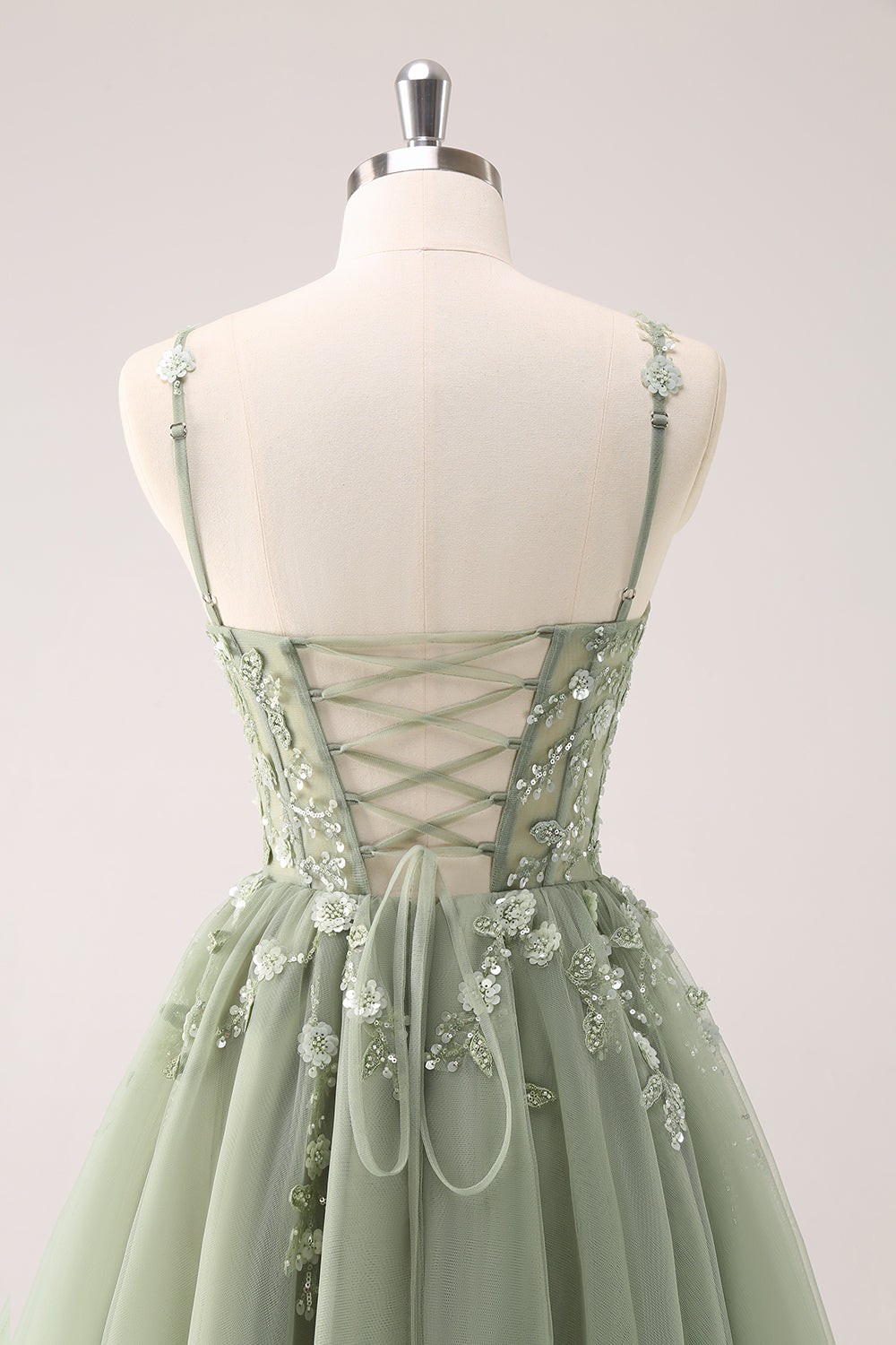 Spaghetti Straps V-Neck Floral Lace Appliques Sequin Illusion Boned Corset Tulle Lace-Up Back A-Line Homecoming Dress Mini