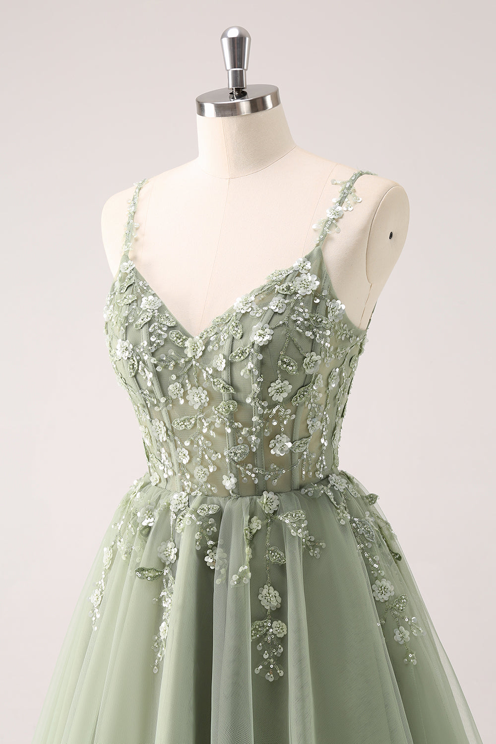 Spaghetti Straps V-Neck Floral Lace Appliques Sequin Illusion Boned Corset Tulle Lace-Up Back A-Line Homecoming Dress Mini