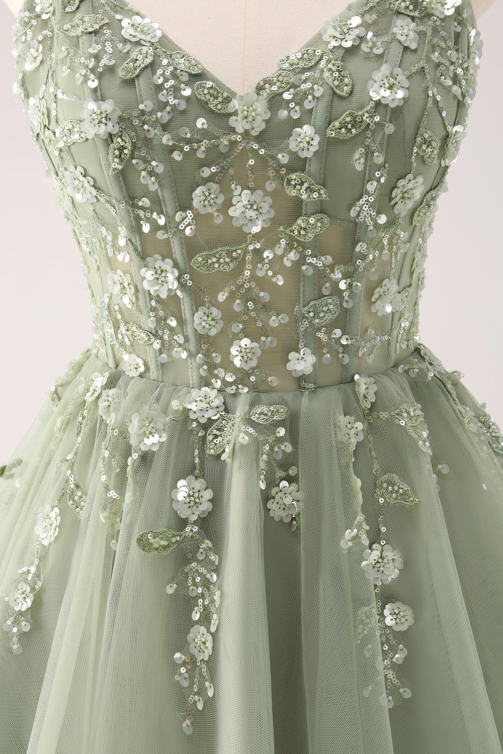 Spaghetti Straps V-Neck Floral Lace Appliques Sequin Illusion Boned Corset Tulle Lace-Up Back A-Line Homecoming Dress Mini