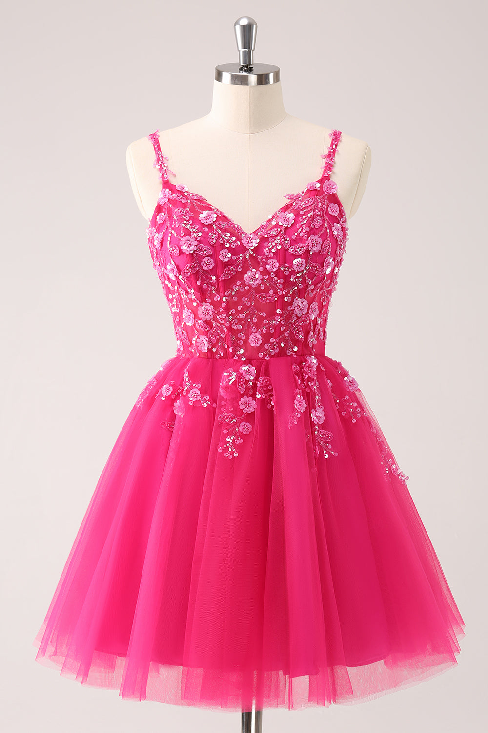 Spaghetti Straps V-Neck Floral Lace Appliques Sequin Illusion Boned Corset Tulle Lace-Up Back A-Line Homecoming Dress Mini