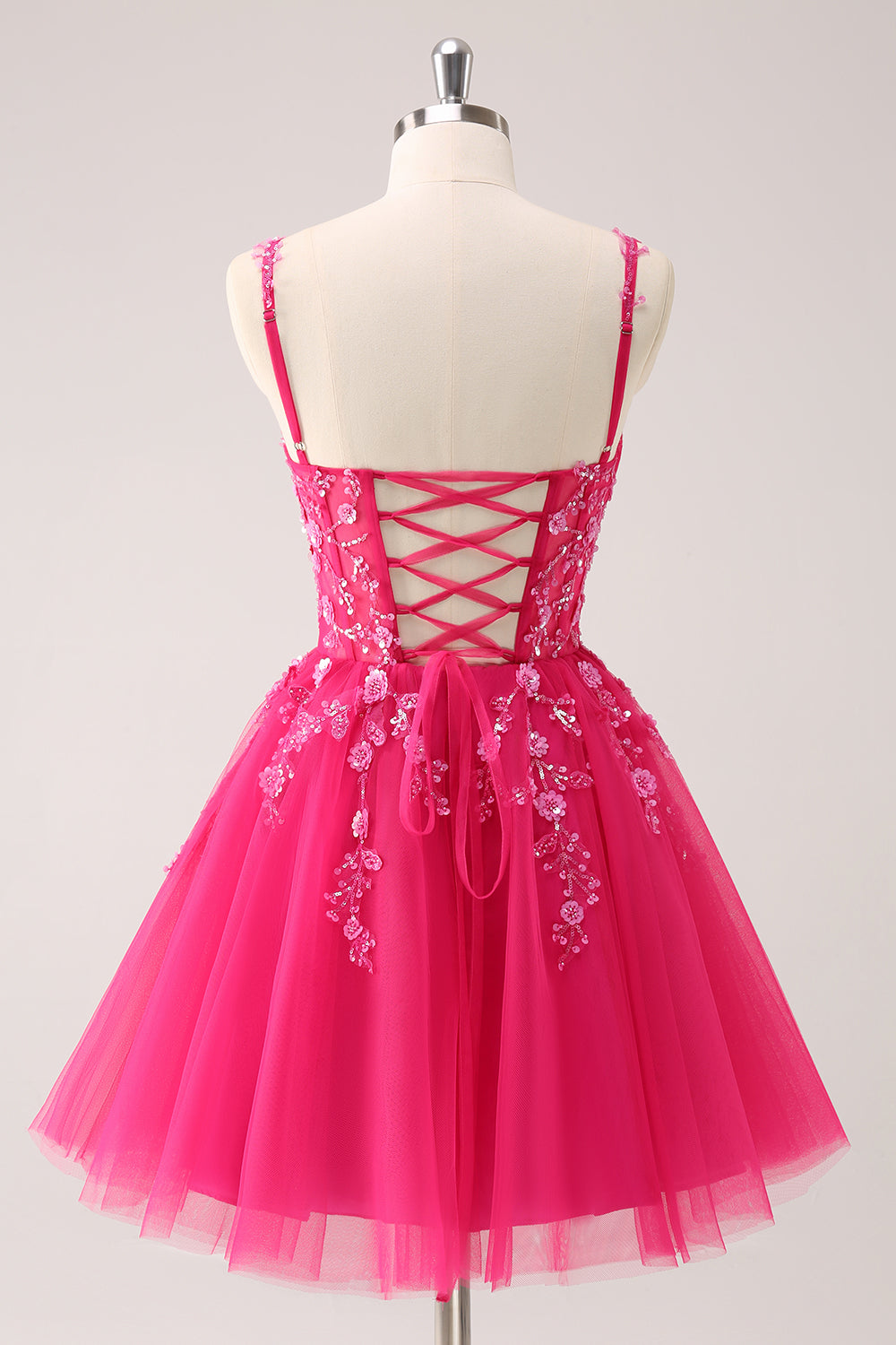 Spaghetti Straps V-Neck Floral Lace Appliques Sequin Illusion Boned Corset Tulle Lace-Up Back A-Line Homecoming Dress Mini