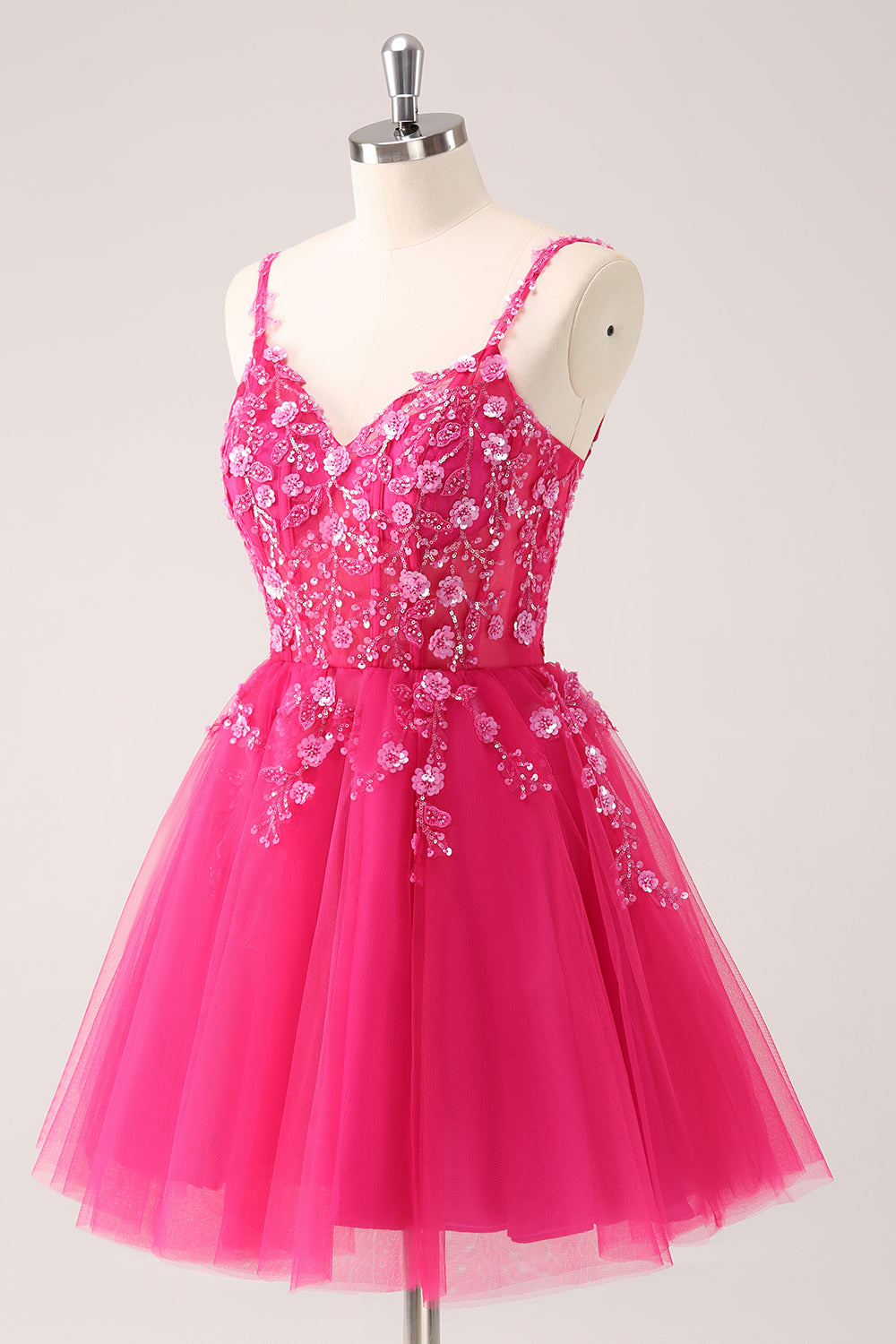 Spaghetti Straps V-Neck Floral Lace Appliques Sequin Illusion Boned Corset Tulle Lace-Up Back A-Line Homecoming Dress Mini