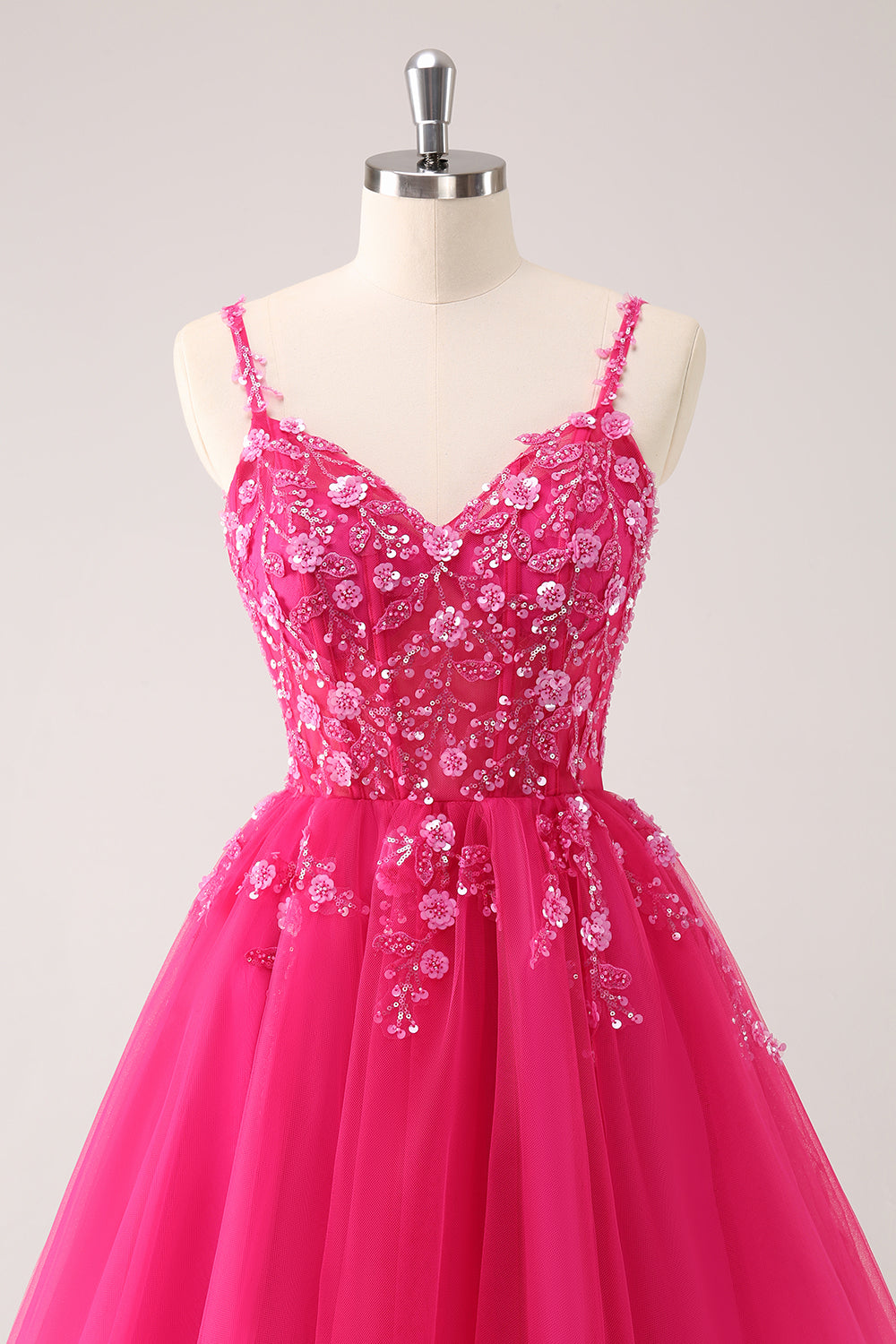 Spaghetti Straps V-Neck Floral Lace Appliques Sequin Illusion Boned Corset Tulle Lace-Up Back A-Line Homecoming Dress Mini