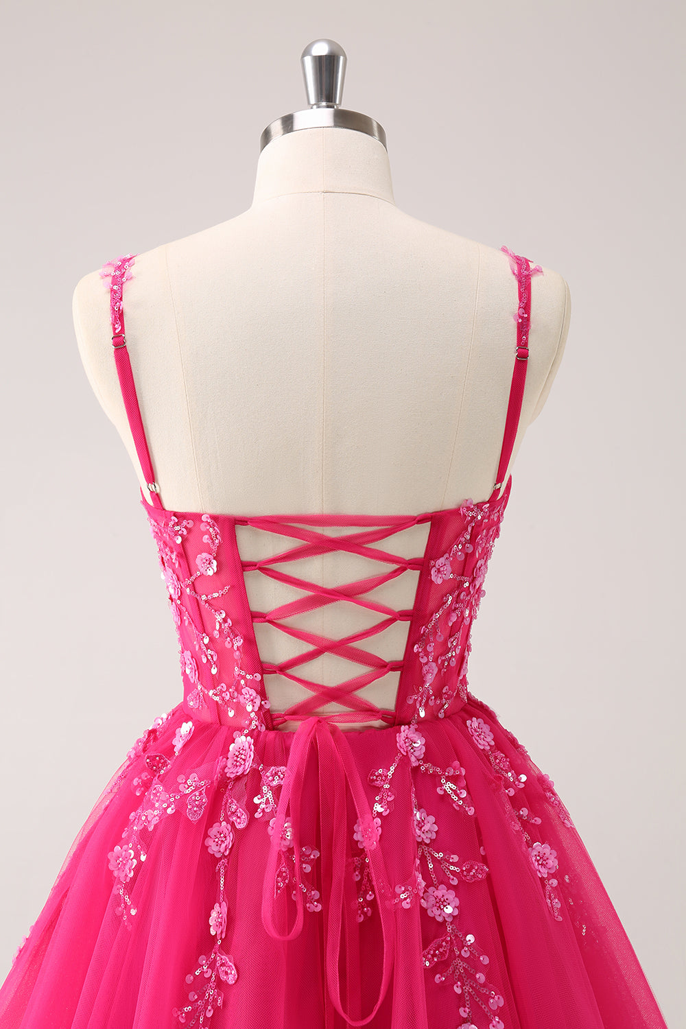Spaghetti Straps V-Neck Floral Lace Appliques Sequin Illusion Boned Corset Tulle Lace-Up Back A-Line Homecoming Dress Mini