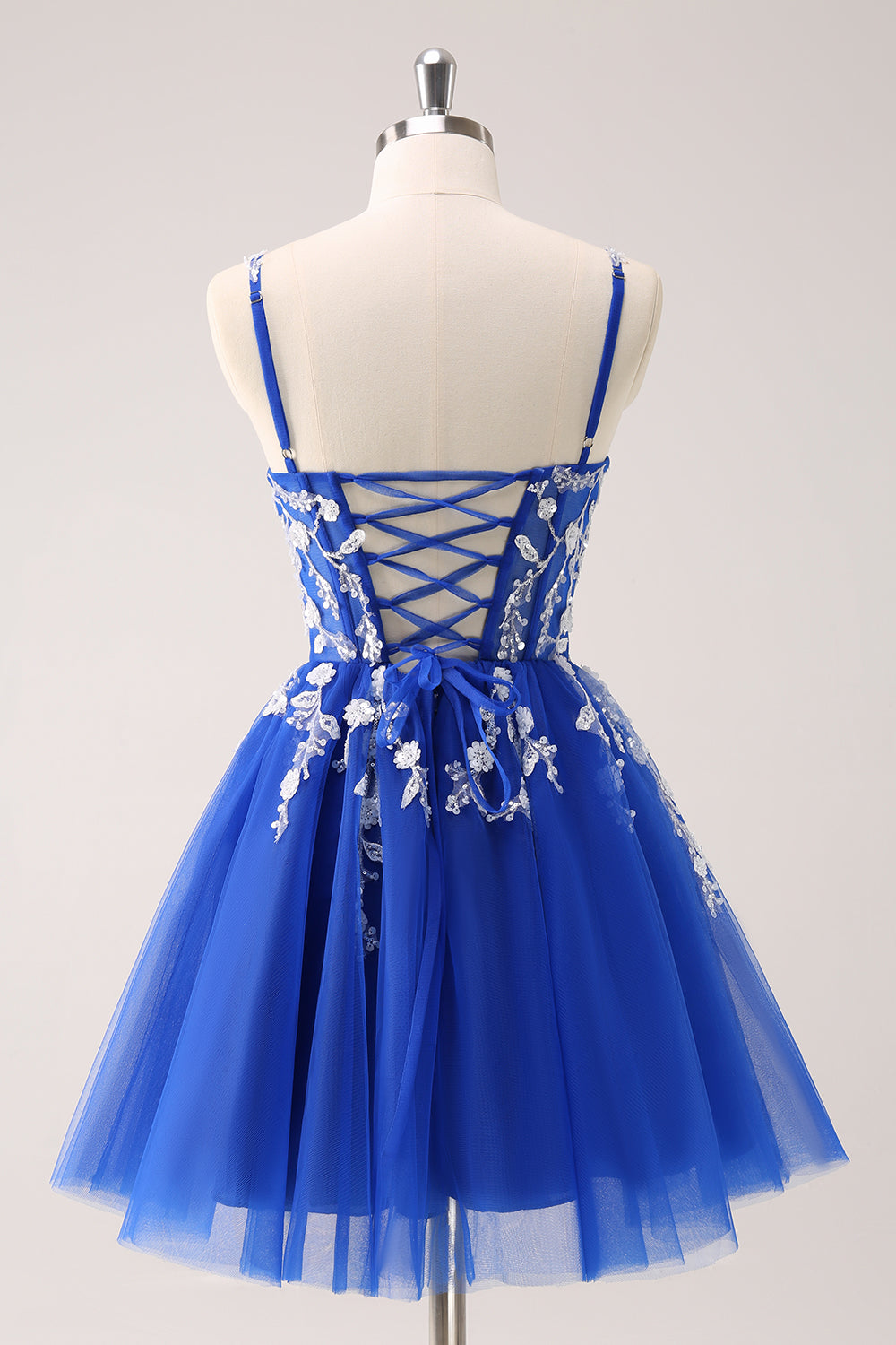 Spaghetti Straps V-Neck Floral Lace Appliques Sequin Illusion Boned Corset Tulle Lace-Up Back A-Line Homecoming Dress Mini