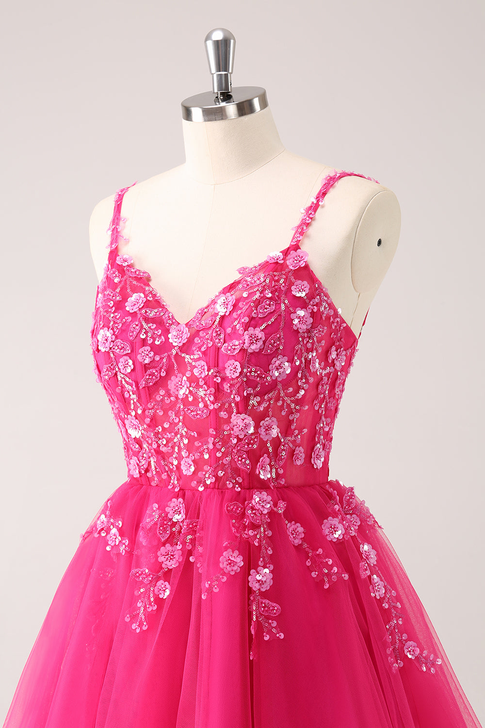 Spaghetti Straps V-Neck Floral Lace Appliques Sequin Illusion Boned Corset Tulle Lace-Up Back A-Line Homecoming Dress Mini