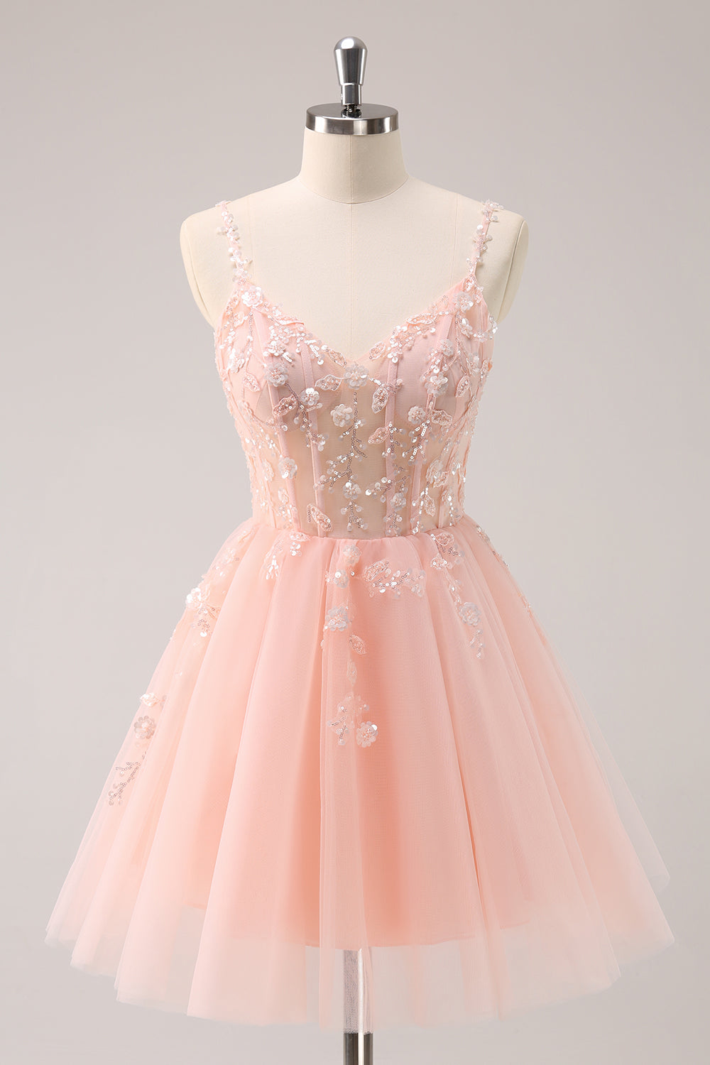 Spaghetti Straps V-Neck Floral Lace Appliques Sequin Illusion Boned Corset Tulle Lace-Up Back A-Line Homecoming Dress Mini
