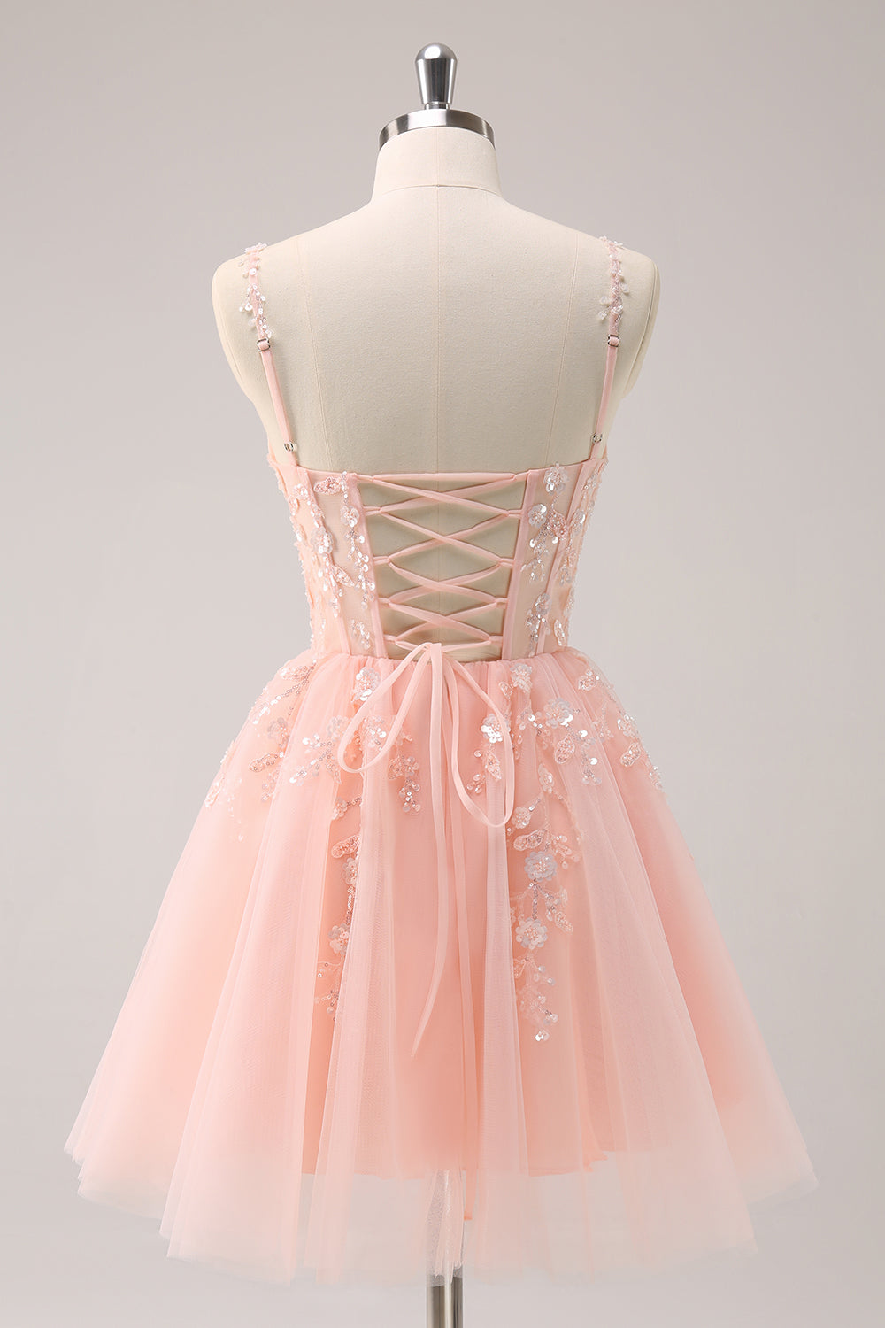 Spaghetti Straps V-Neck Floral Lace Appliques Sequin Illusion Boned Corset Tulle Lace-Up Back A-Line Homecoming Dress Mini