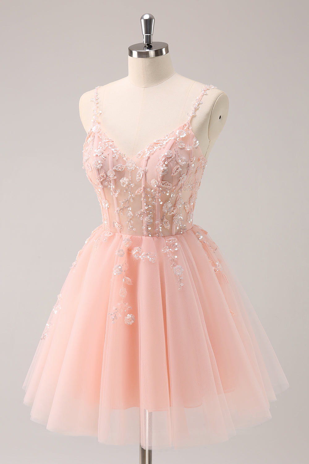 Spaghetti Straps V-Neck Floral Lace Appliques Sequin Illusion Boned Corset Tulle Lace-Up Back A-Line Homecoming Dress Mini