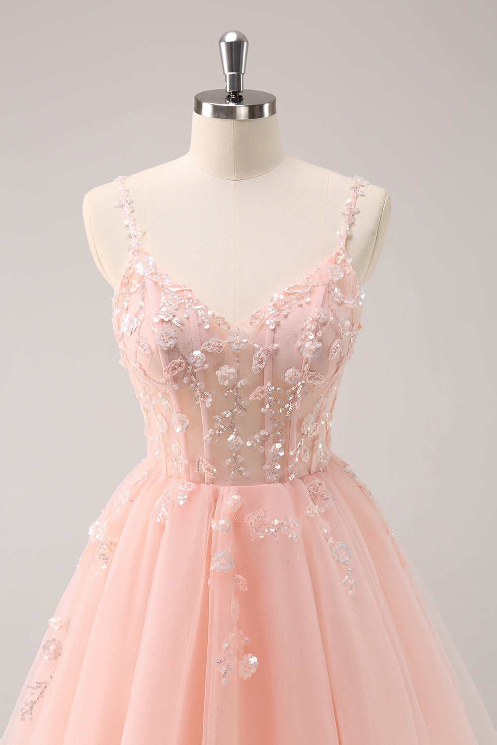 Spaghetti Straps V-Neck Floral Lace Appliques Sequin Illusion Boned Corset Tulle Lace-Up Back A-Line Homecoming Dress Mini