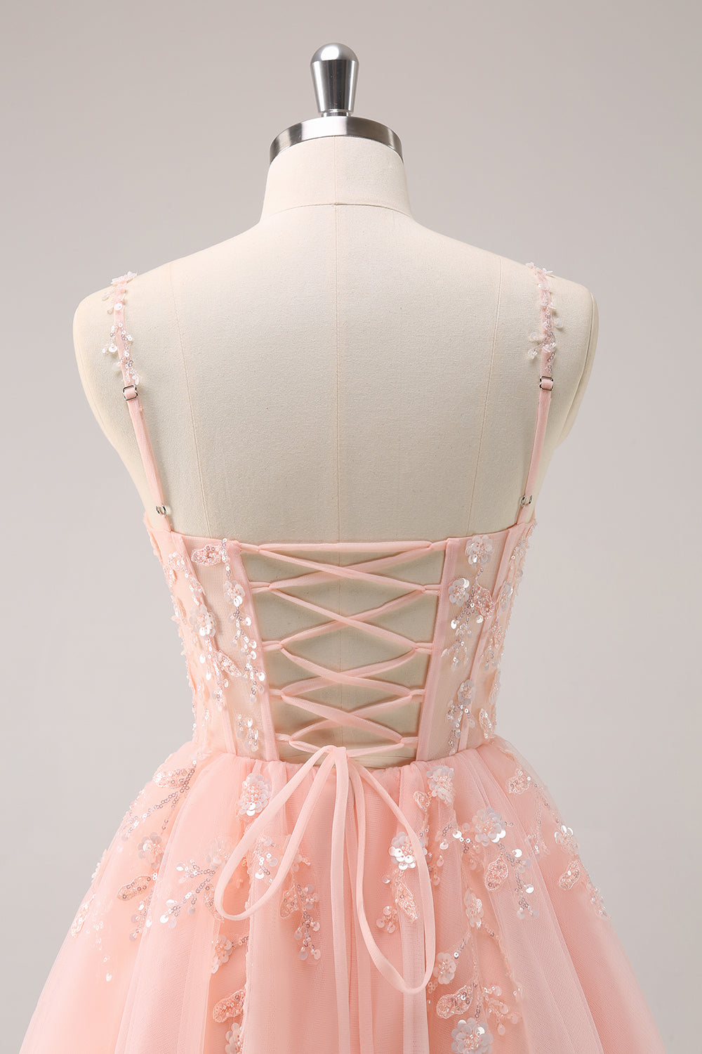 Spaghetti Straps V-Neck Floral Lace Appliques Sequin Illusion Boned Corset Tulle Lace-Up Back A-Line Homecoming Dress Mini