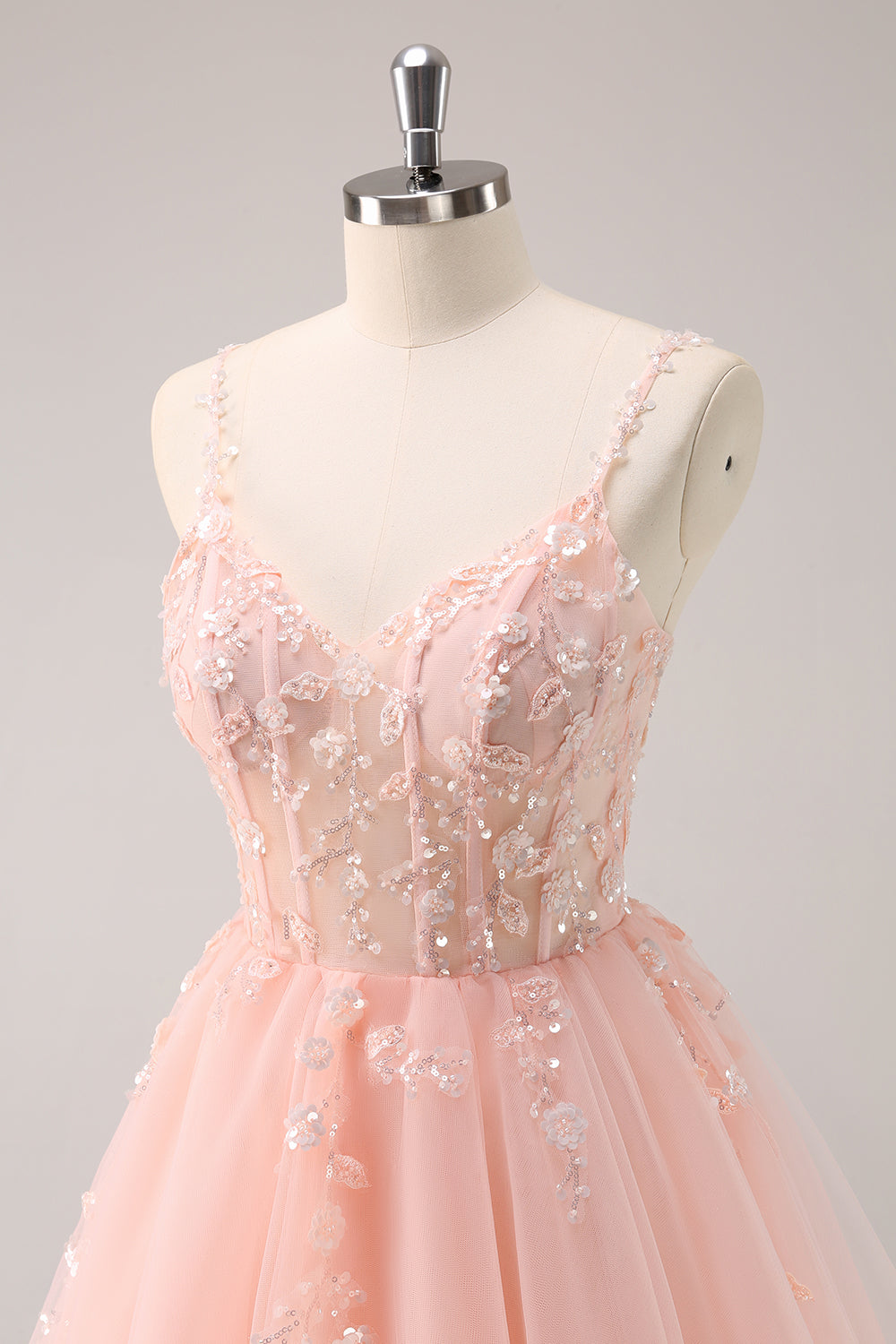 Spaghetti Straps V-Neck Floral Lace Appliques Sequin Illusion Boned Corset Tulle Lace-Up Back A-Line Homecoming Dress Mini