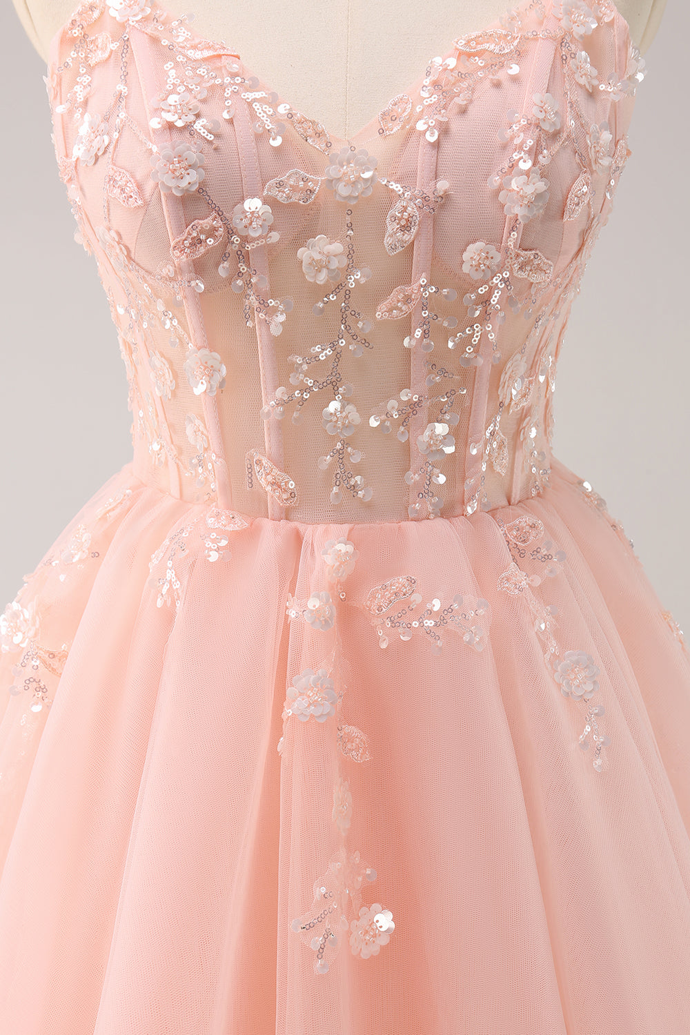 Spaghetti Straps V-Neck Floral Lace Appliques Sequin Illusion Boned Corset Tulle Lace-Up Back A-Line Homecoming Dress Mini