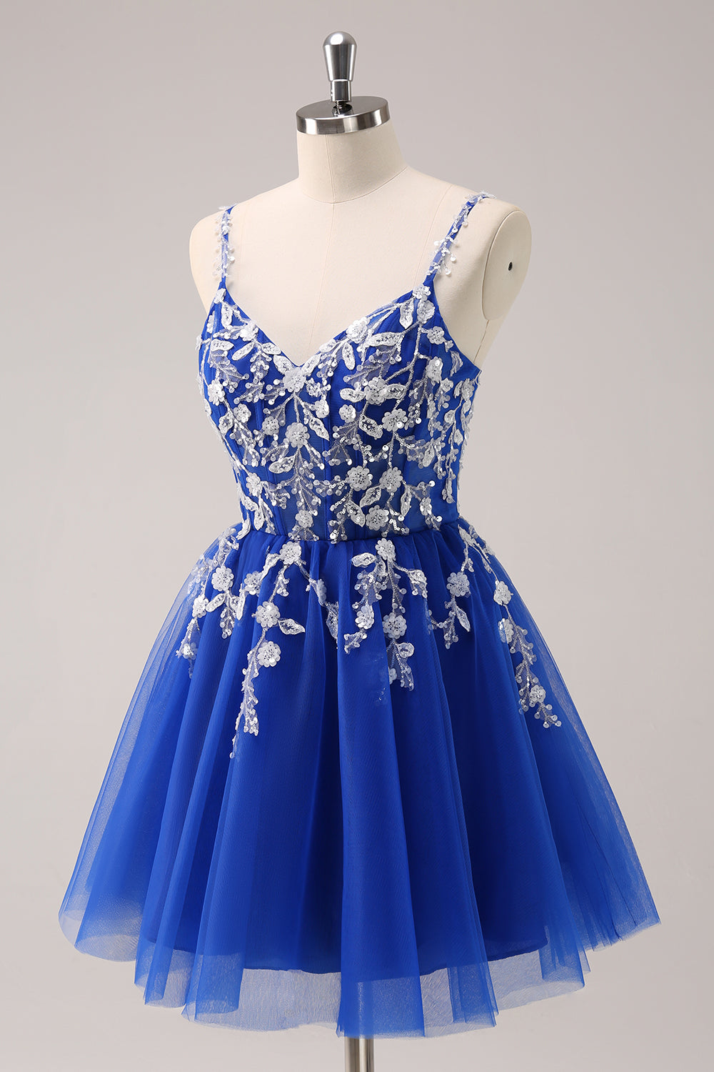 Spaghetti Straps V-Neck Floral Lace Appliques Sequin Illusion Boned Corset Tulle Lace-Up Back A-Line Homecoming Dress Mini