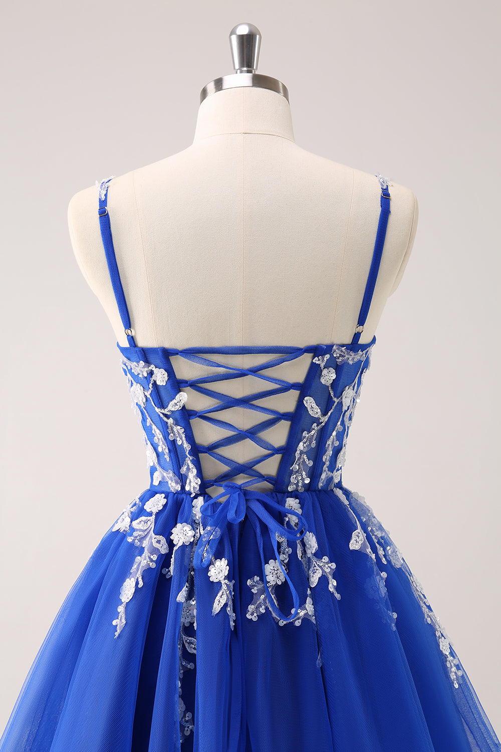 Spaghetti Straps V-Neck Floral Lace Appliques Sequin Illusion Boned Corset Tulle Lace-Up Back A-Line Homecoming Dress Mini