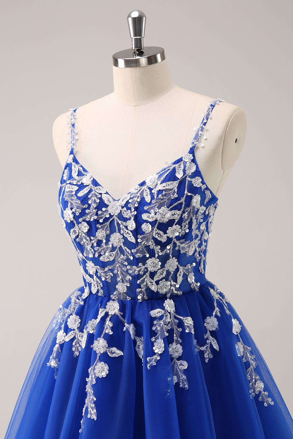 Spaghetti Straps V-Neck Floral Lace Appliques Sequin Illusion Boned Corset Tulle Lace-Up Back A-Line Homecoming Dress Mini