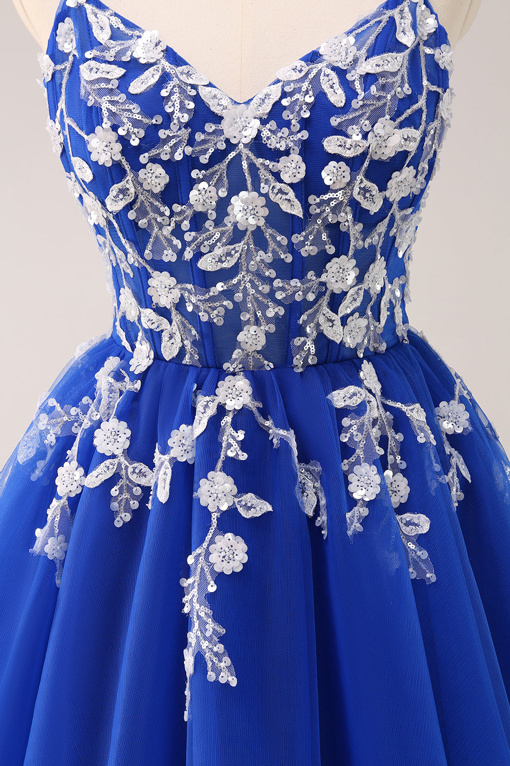 Spaghetti Straps V-Neck Floral Lace Appliques Sequin Illusion Boned Corset Tulle Lace-Up Back A-Line Homecoming Dress Mini