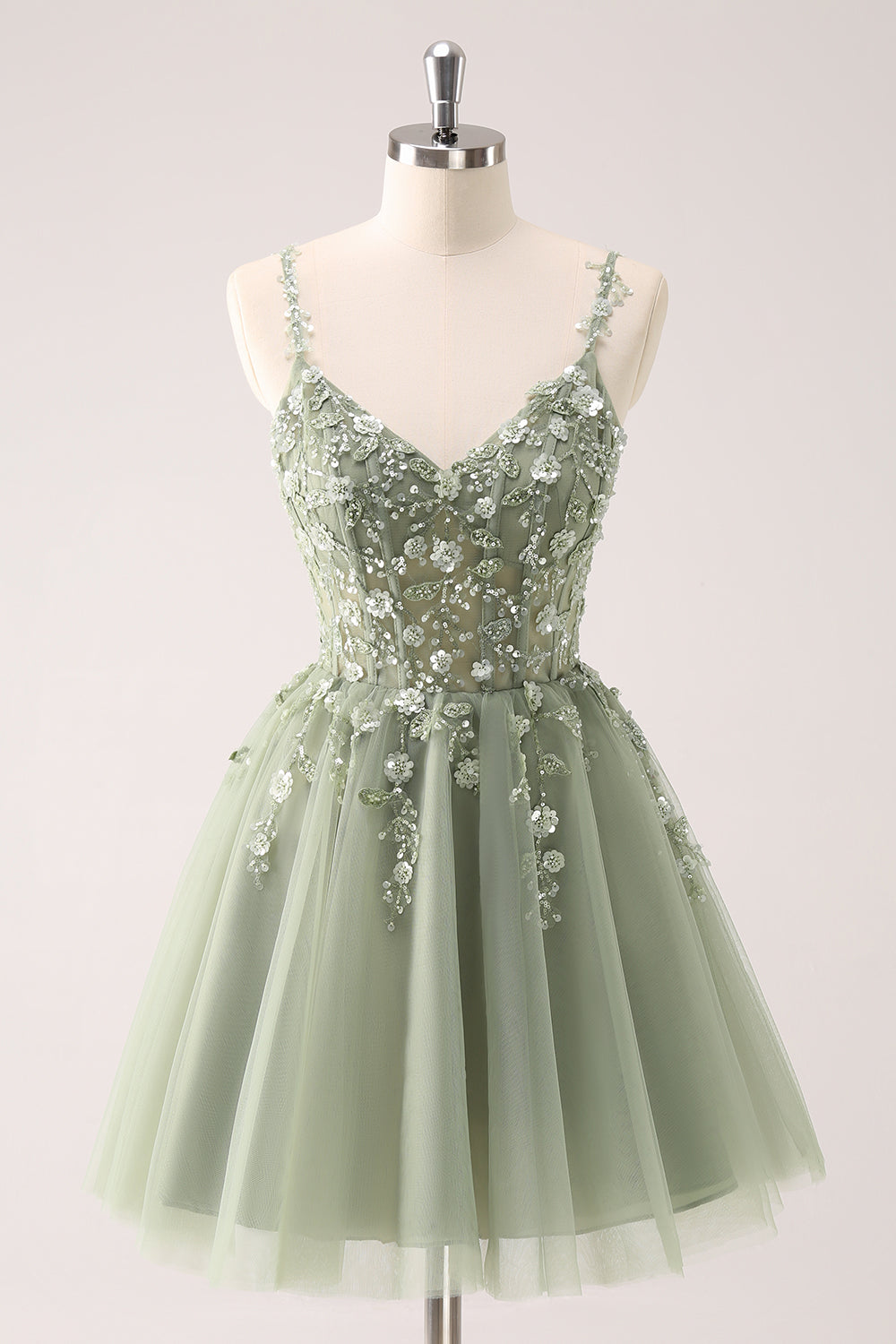 Spaghetti Straps V-Neck Floral Lace Appliques Sequin Illusion Boned Corset Tulle Lace-Up Back A-Line Homecoming Dress Mini