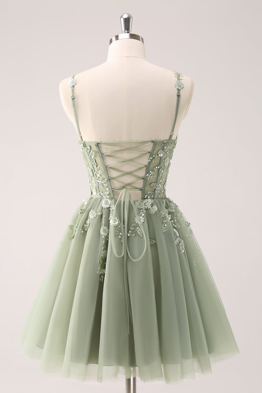 Spaghetti Straps V-Neck Floral Lace Appliques Sequin Illusion Boned Corset Tulle Lace-Up Back A-Line Homecoming Dress Mini