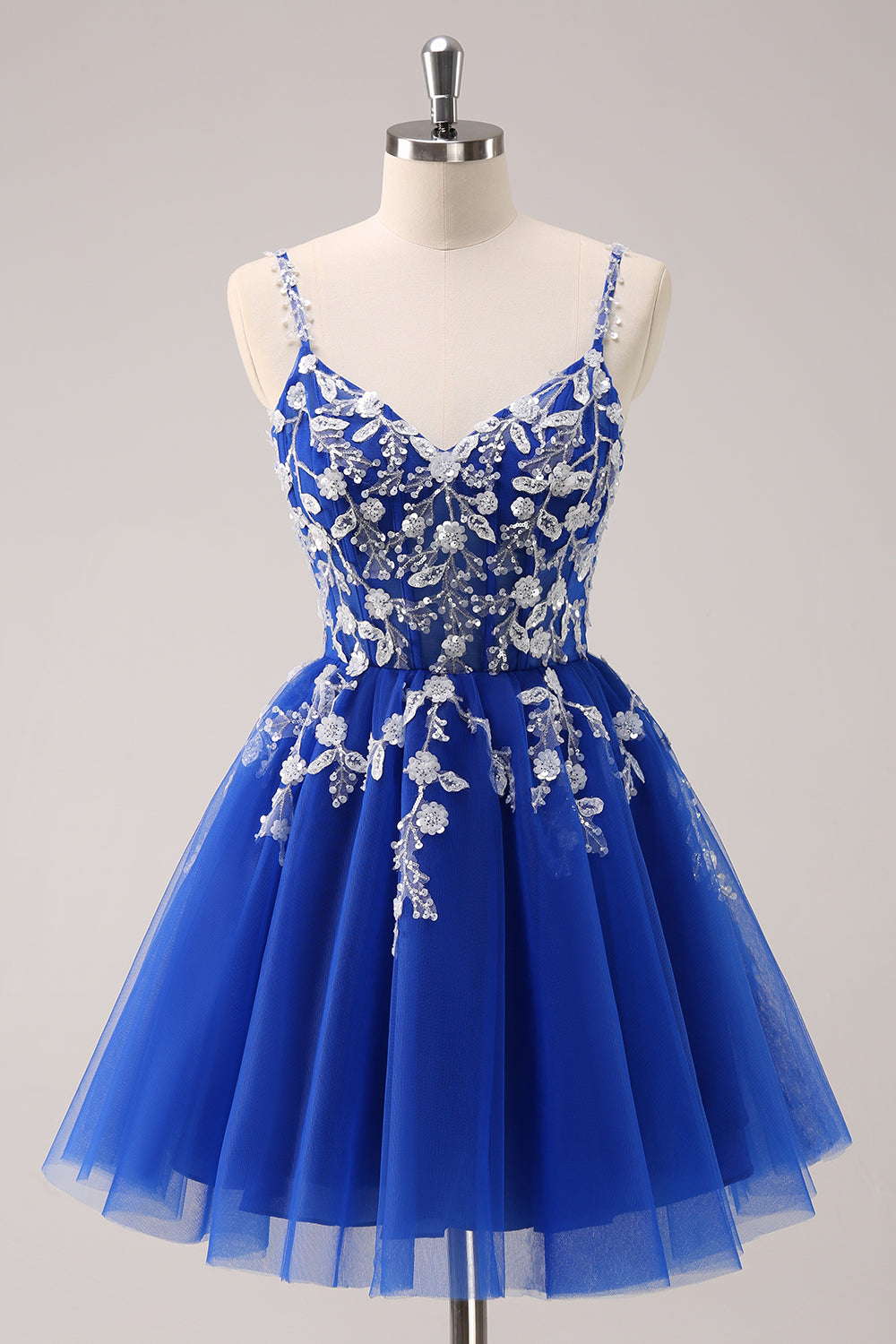 Spaghetti Straps V-Neck Floral Lace Appliques Sequin Illusion Boned Corset Tulle Lace-Up Back A-Line Homecoming Dress Mini