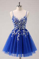 Spaghetti Straps V-Neck Floral Lace Appliques Sequin Illusion Boned Corset Tulle Lace-Up Back A-Line Homecoming Dress Mini
