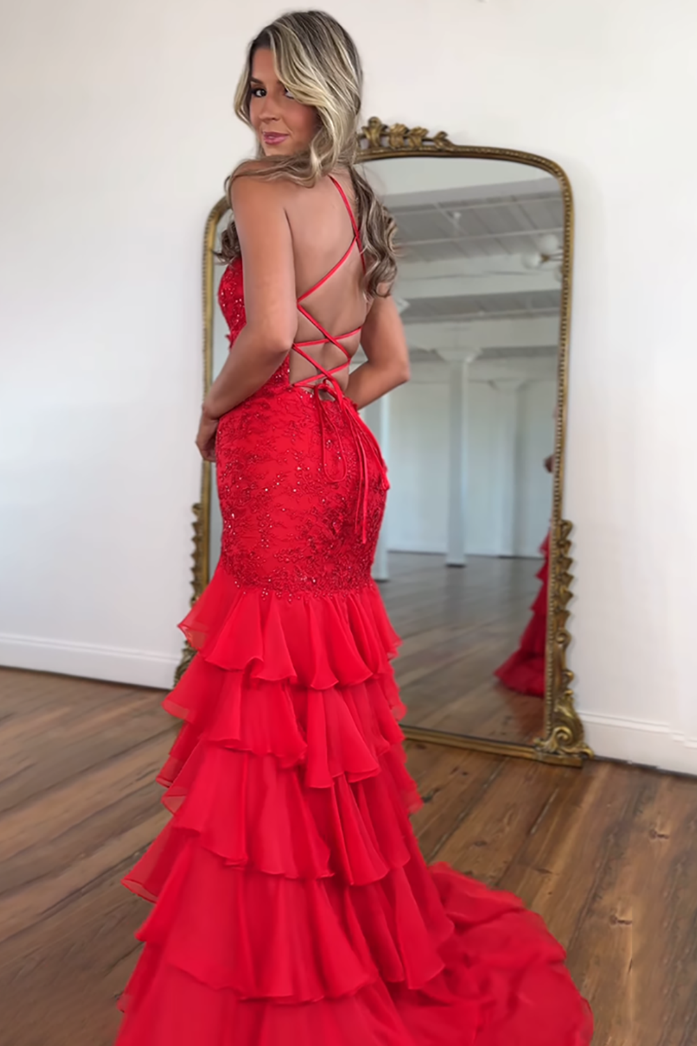 Spaghetti Straps V-Neck Lace Appliqué Beading Tiered Ruffle Chiffon Mermaid Prom Dress Lace-Up Back Side Slit Sweep Train