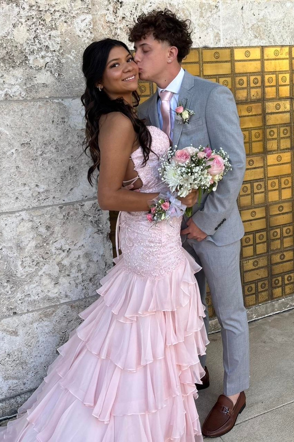 Spaghetti Straps V-Neck Lace Appliqué Beading Tiered Ruffle Chiffon Mermaid Prom Dress Lace-Up Back Side Slit Sweep Train