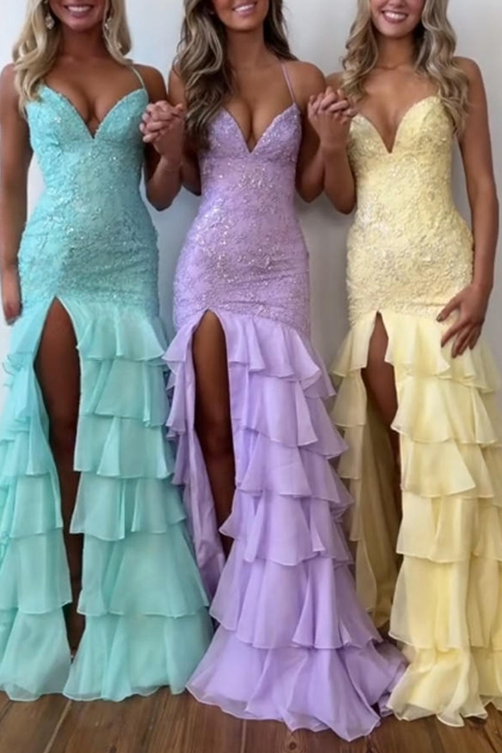 Spaghetti Straps V-Neck Lace Appliqué Beading Tiered Ruffle Chiffon Mermaid Prom Dress Lace-Up Back Side Slit Sweep Train