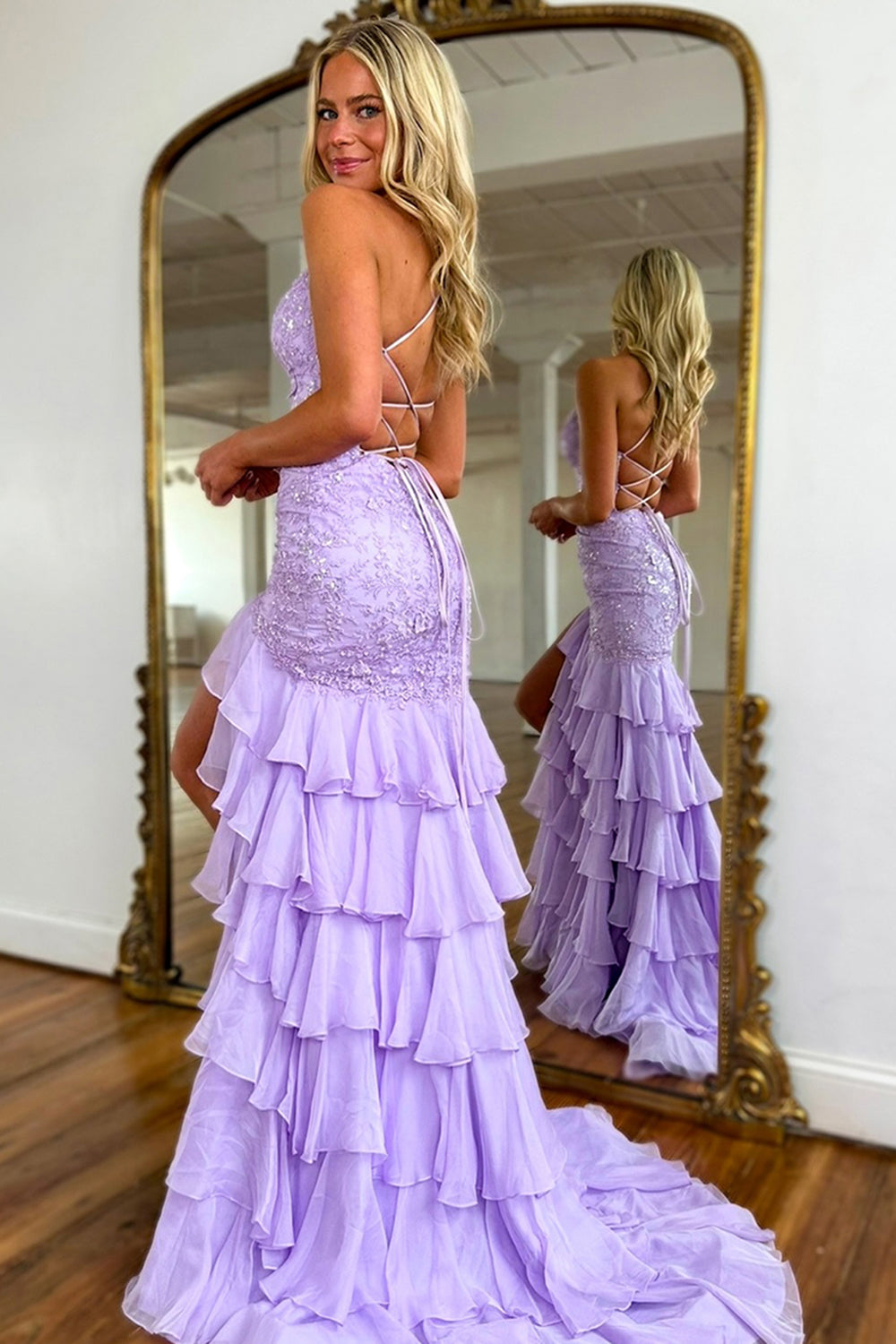 Spaghetti Straps V-Neck Lace Appliqué Beading Tiered Ruffle Chiffon Mermaid Prom Dress Lace-Up Back Side Slit Sweep Train