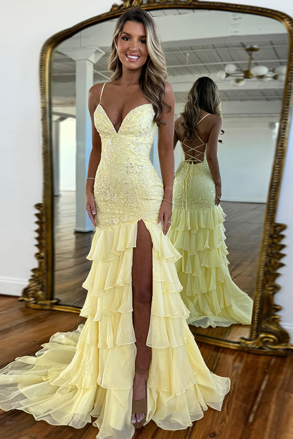 Spaghetti Straps V-Neck Lace Appliqué Beading Tiered Ruffle Chiffon Mermaid Prom Dress Lace-Up Back Side Slit Sweep Train