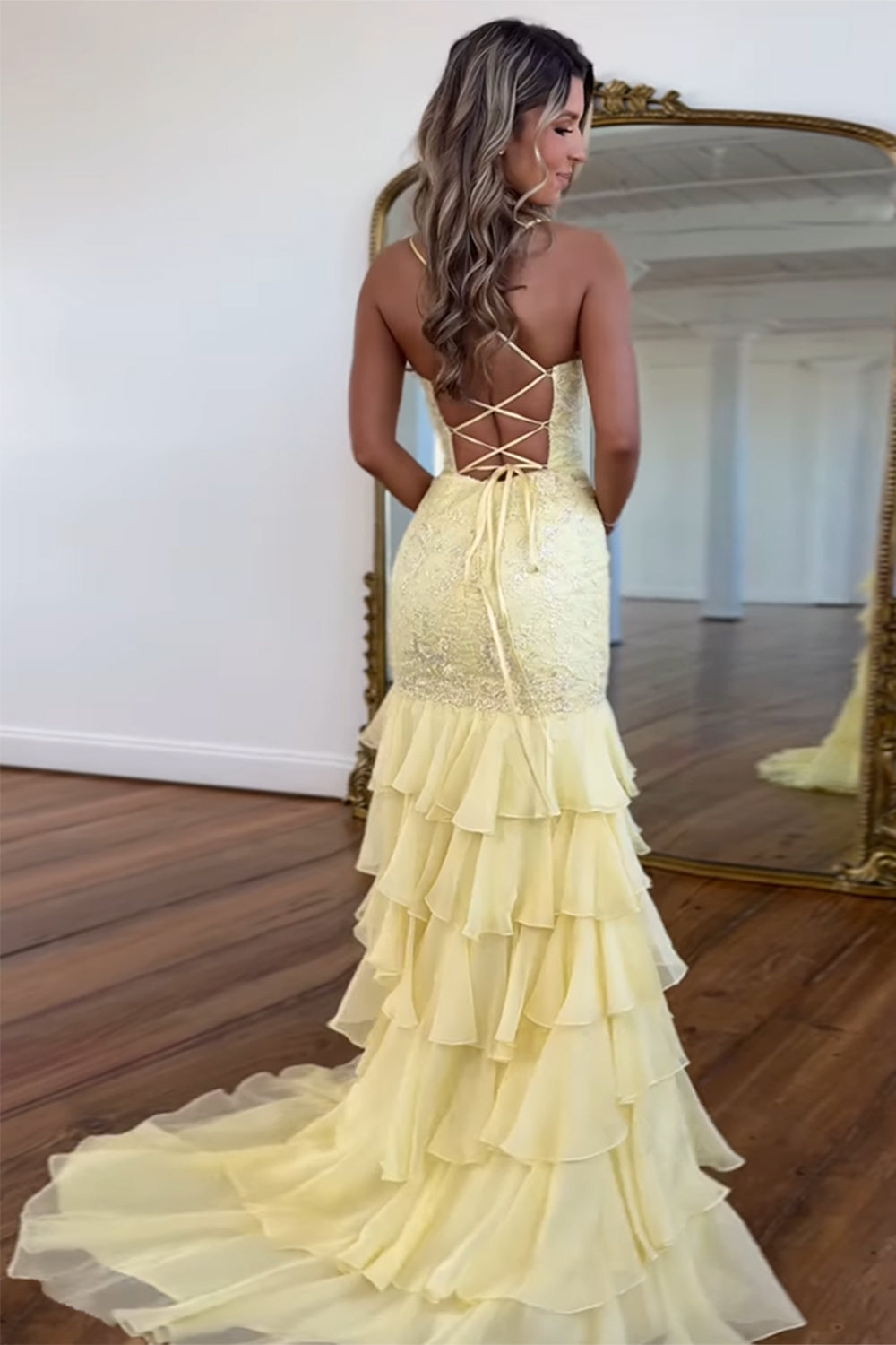 Spaghetti Straps V-Neck Lace Appliqué Beading Tiered Ruffle Chiffon Mermaid Prom Dress Lace-Up Back Side Slit Sweep Train