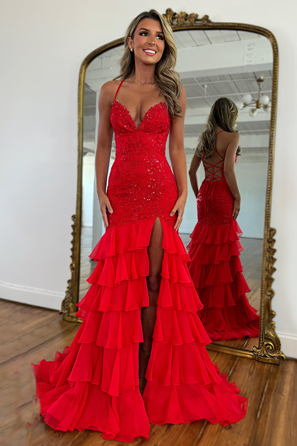 Spaghetti Straps V-Neck Lace Appliqué Beading Tiered Ruffle Chiffon Mermaid Prom Dress Lace-Up Back Side Slit Sweep Train
