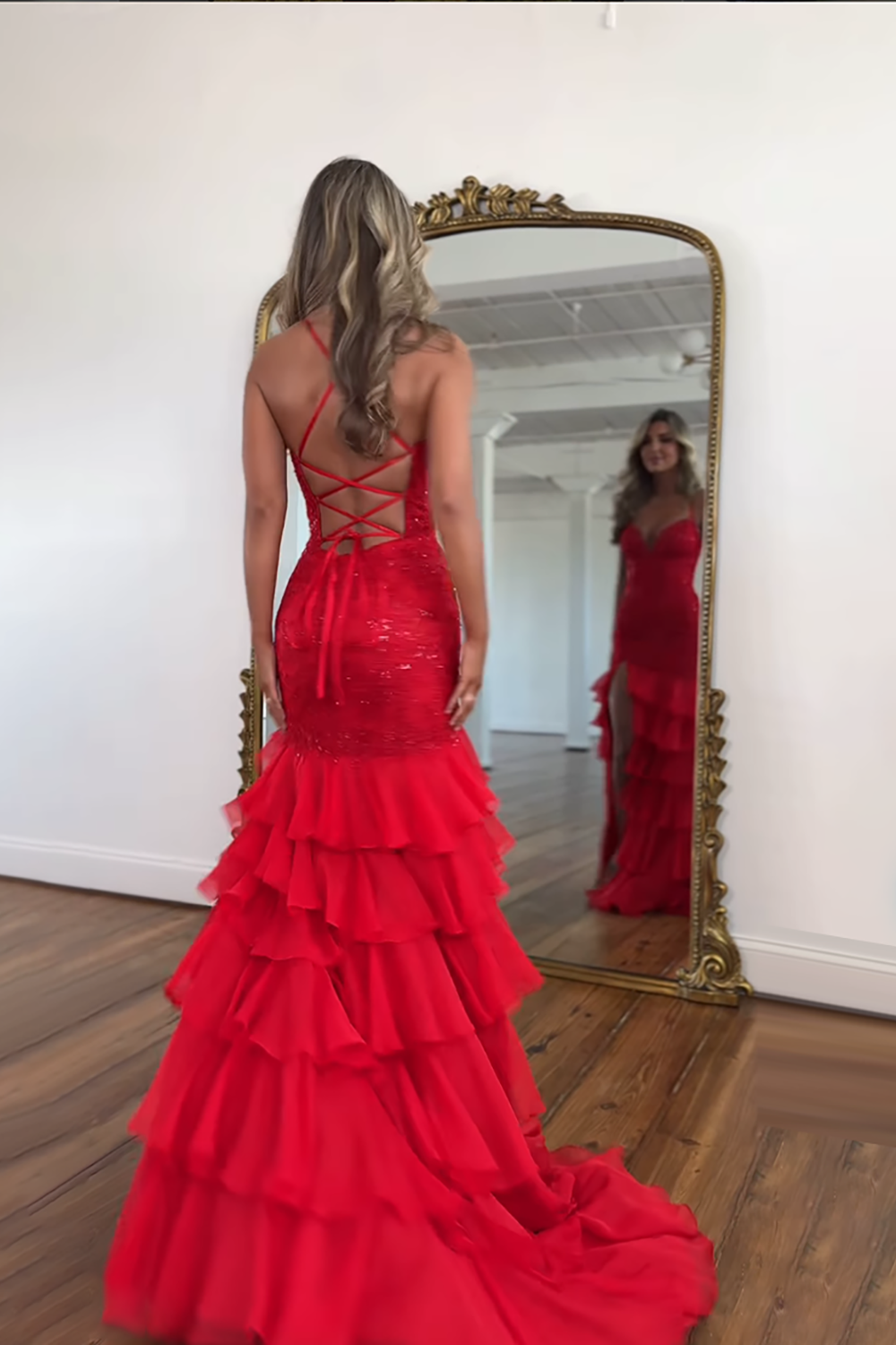 Spaghetti Straps V-Neck Lace Appliqué Beading Tiered Ruffle Chiffon Mermaid Prom Dress Lace-Up Back Side Slit Sweep Train