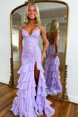Spaghetti Straps V-Neck Lace Appliqué Beading Tiered Ruffle Chiffon Mermaid Prom Dress Lace-Up Back Side Slit Sweep Train