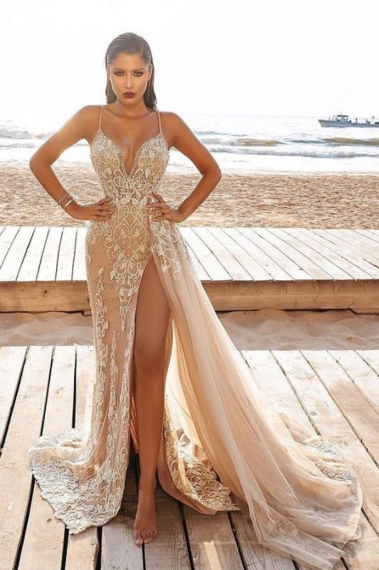 Spaghetti Straps V Neck Tulle Appliques Lace High-Split Mermaid Prom Evening Dresses
